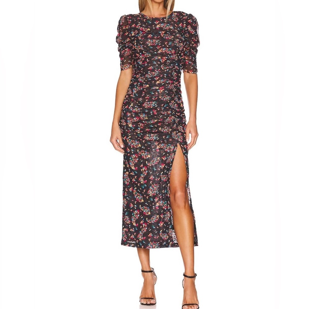 FREE PEOPLE Briella Ruched Midi-Dress Floral Twilight Sz M